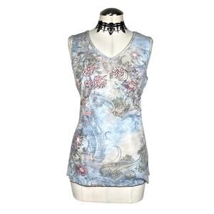 Vtg Xcit Usa Rhinestone Floral Whimsygoth Grunge‎ Pastel Goth Boho Tank Top Sz L
